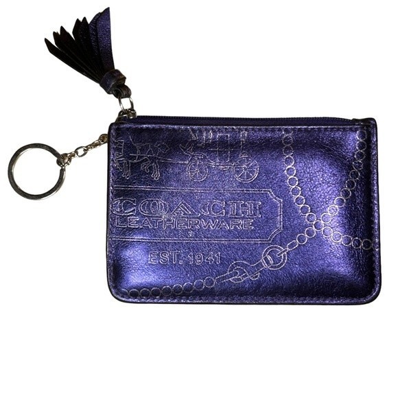 Coach Handbags - Coach Metallic Logo Leather Indigo Blue Card Holder Keychain Wallet with Tassel